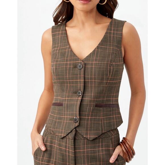 $278 Trina Turk Kofi Plaid V-Neck Fitted Vest | Sz 4, Brown Plaid NEW - Picture 2 of 10
